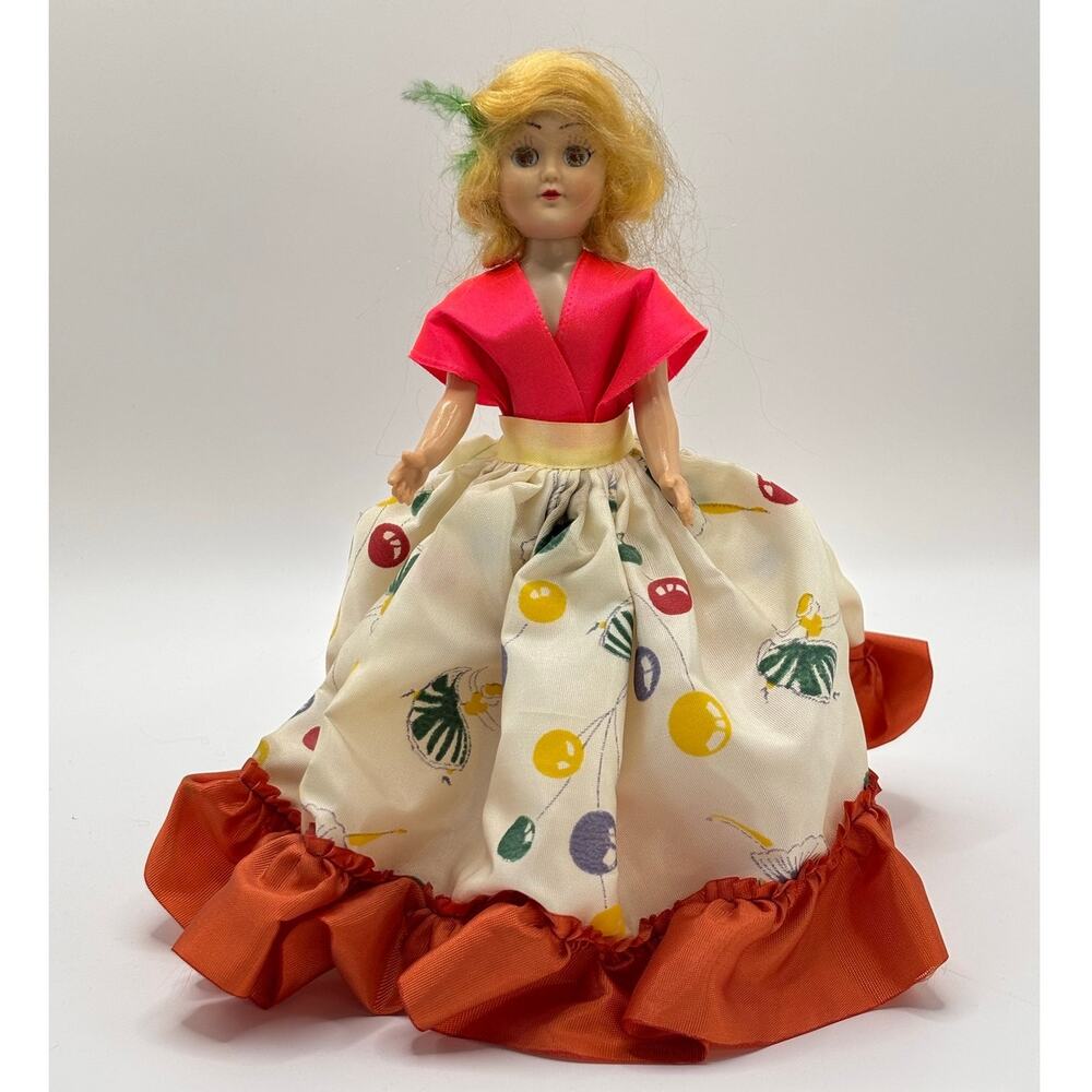 Vintage 1950's Duchess-Type Sleepy Eye Doll in Vibrant Dress/Costume, w/Stand